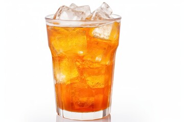 A glass of orange soda water with ice cubes on white background.