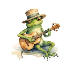 Watercolor green frog playing a tiny musical instrument on white background.