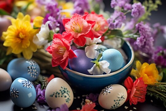 Peaceful Easter image of vibrant eggs and lovely flowers. Generative AI