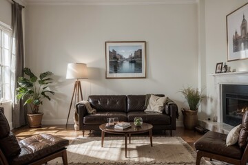  luxury livingroom interior design mockup with black leather furniture and picture frame in a wall.
