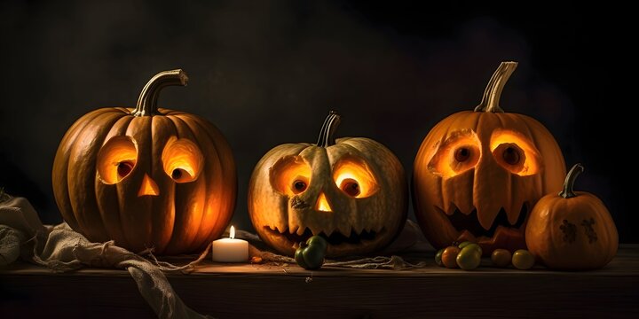 Three dark pumpkins with glowing exophthalmos on a dark background, a Halloween image.