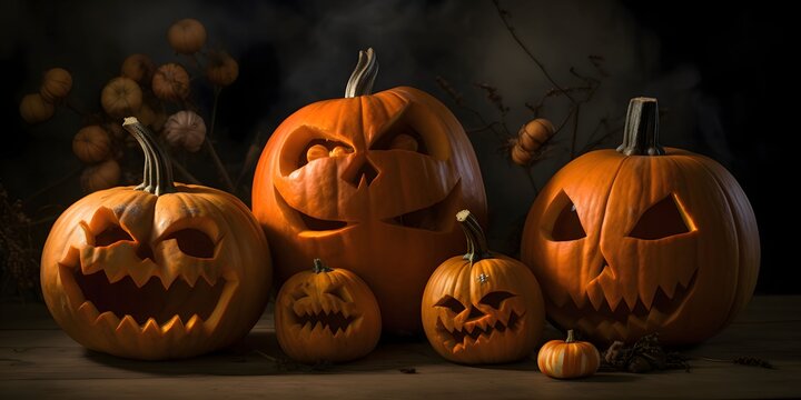 Elegantly arranged different sizes of jack-o-lantern pumpkins on a dark background, a Halloween image.