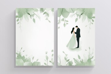 Wedding invitation empty template design, white with green elegant leaves
