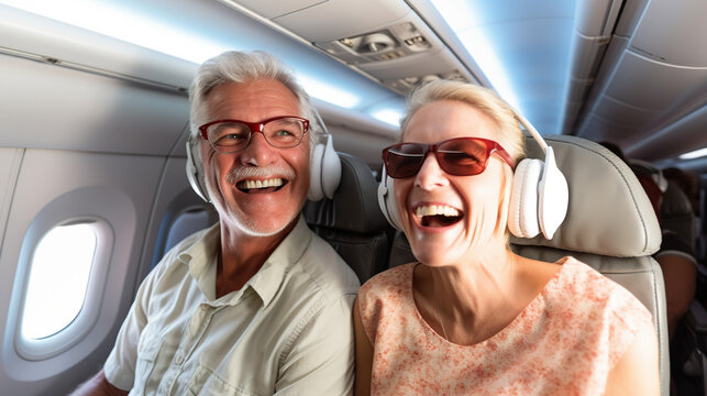 Happy tourists taking selfies on a plane, cheerful couple on summer vacation -