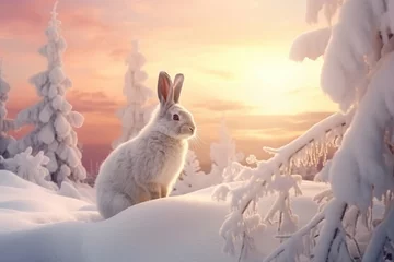 Poster White hare on snow in winter forest at sunset. Beautiful landscape with snow capped fir trees. © SergeyIT