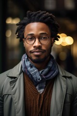 Fototapeta premium African American businessman in lifestyle clothes wearing glasses on the street.