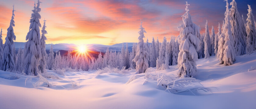 Winter landscape at sunset with snow capped fir trees. Sun rays above remote mountains. Beautiful clouds on sky. Panoramic view.
