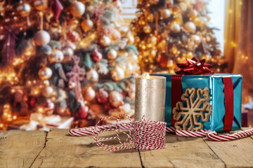 Desk of free space and christmas time in home interior. 