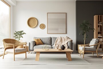 Interior of light living room with grey sofas, wooden armchair, and coffee table.