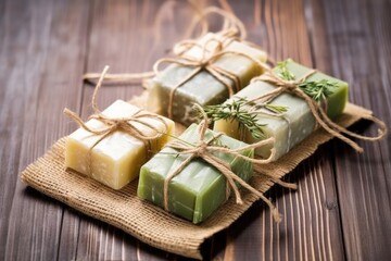 Fototapeta na wymiar photo of handmade soap bars wrapped in eco-friendly packaging