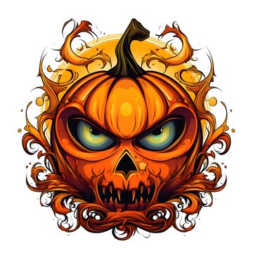 Dark jack-o-lantern pumpkin tattoo, Halloween image on a white isolated background.