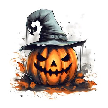 Dark jack-o-lantern pumpkin with a witch's hat, Halloween image on a white isolated background.