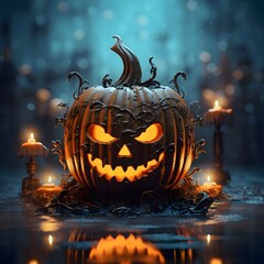Dark day jack-o-lantern with thorns and candles burning on candlesticks smudged background, a Halloween image.