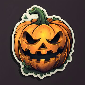 Sticker dark evil jack-o-lantern pumpkin, Halloween image on a dark isolated background.