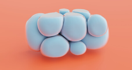 Blue inflatable balloons, abstract illustration of flattened bubbles  on orange, 3d rendering