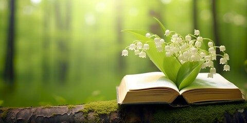 Lily of the Valley flowers and old books in the forest, green natural background.