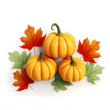 Three pumpkins and autumn leaves, Halloween image on a white isolated background.