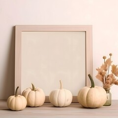 White blank empty card, frame next to it white pumpkins and ornaments