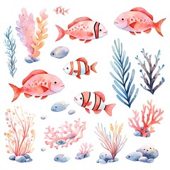 Underwater Sea element in watercolor on the white background.