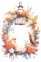 Circular frame with birds and flowers on white background.