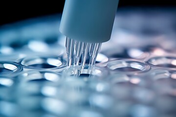 Macro shot of doctor tip and plastic plate for immunosorbent assay.