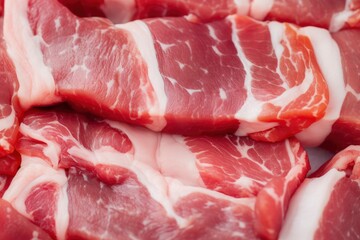 Macro shot of pork meat. Meat textured background. Beef steak is raw and juicy.