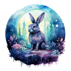 Watercolor Rabbit and Glowing Moon for T-shirt Design.