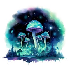 Watercolor Magical Mushrooms for T-shirt Design.