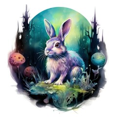 Watercolor Rabbit and Glowing Moon for T-shirt Design.