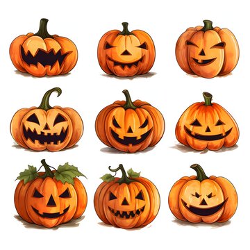 Nine different pumpkins to choose from, a Halloween image on a white isolated background.