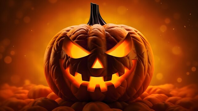 Banner. Orange background and big glowing jack-o-lantern pumpkin, a Halloween image.