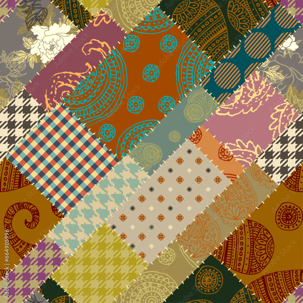 Poster Quilting design patchwork pattern with natural khaki colors. Vector pattern.