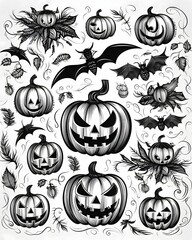 Black and white jack-o-lantern pumpkins and bats as abstract background, wallpaper, banner, texture design with pattern - vector.