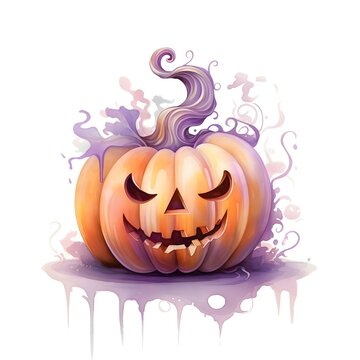Jack-o-lantern pumpkin, purple watercolor, Halloween image on a white isolated background.