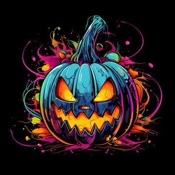 Colorful jack-o-lantern pumpkin with dyed strands on black background, a Halloween image.
