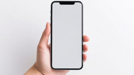 Woman hand holding, showing blank screen mobile phone isolated on white background, mockup, horizontal composition