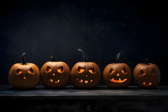 Five gouged jack-o-lantern pumpkins on a dark background, a Halloween image.