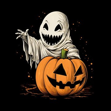Dark spooky ghost with jack-o-lantern pumpkin on black background , a Halloween image.