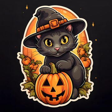 Black cat sticker with jack-o-lantern pumpkin, Halloween picture on a gray isolated background.