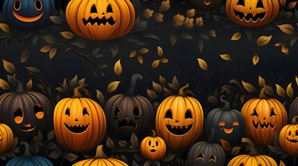 Jack-o-lantern pumpkins in leaves, banner with space for your own content.