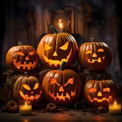 Six elegantly arranged glowing jack-o-lantern pumpkins, two candles in the background, smoke, dark room, a Halloween image.