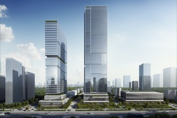 rendering of a city with tall buildings and a lot of trees