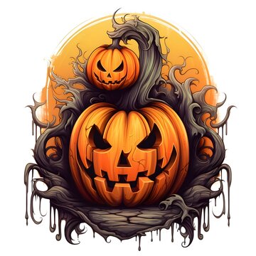 Two dark pumpkins surrounded by thorns, Halloween image on a white isolated background.