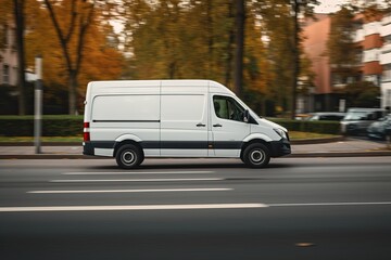 A white delivery van drives on the road during the day.