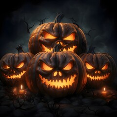 Four dark, glowing jack-o-lantern pumpkins on a dark background with smoke rising, a Halloween image.