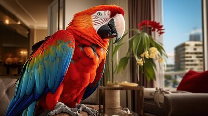 In an extravagant abode resides a stunning, red-feathered macaw.
