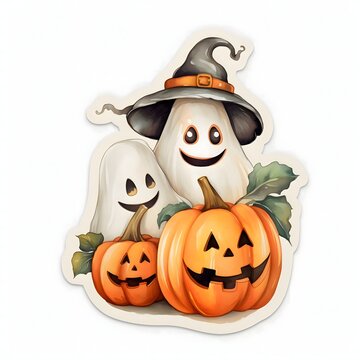 Sticker two merry ghosts and jack-o-lantern pumpkins, one ghost in a witch's hat, Halloween image on a white isolated background.