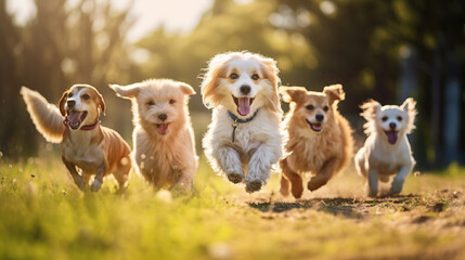 Naklejka na ściany i meble Happy dogs running on the green field. Group of fluffy dogs running towards, sunny summer day
