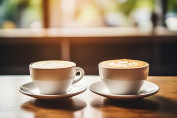 Fototapeta premium Close-up of two cappuccino cups standing on wooden table in coffee shop.