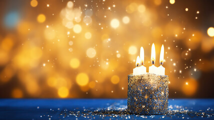Bunch of candles with sparkles and golden bokeh lights on the background, copy paste space.  - Powered by Adobe